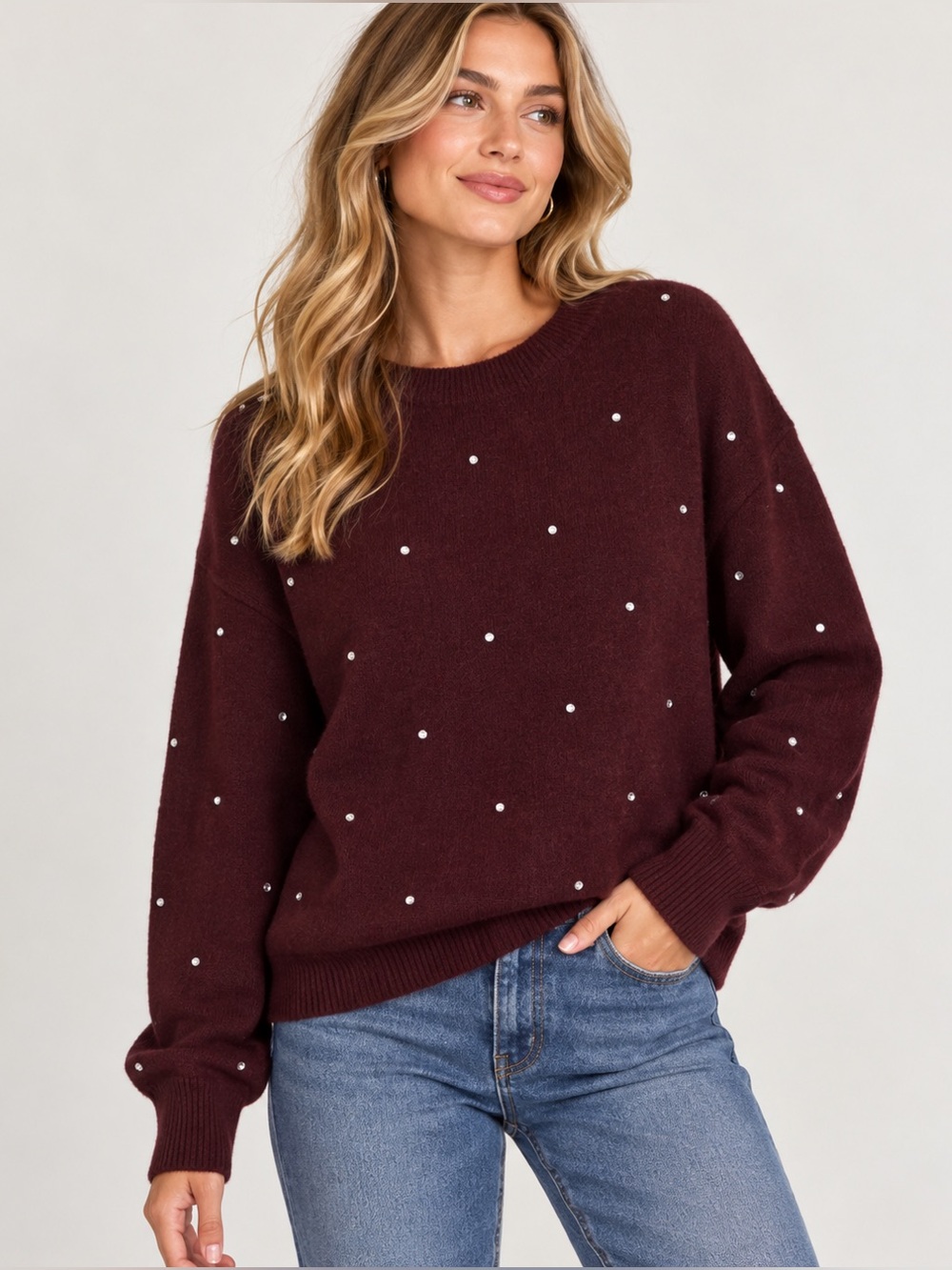 H&M Purple Crystal Embellished Crewneck Balloon Sleeve Sweater